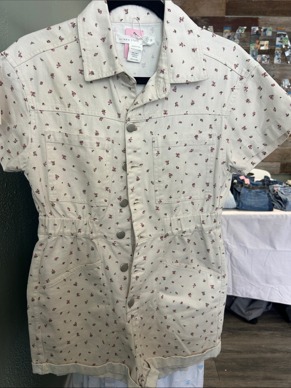 Altar'd State Cream Short-Sleeve Floral Utility Jacket 100% Cotton